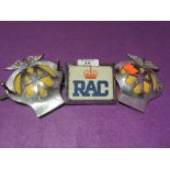 A selection of motor car and hood engine badges including RAC and AA