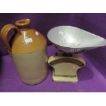 A set of vintage scale and ceramic flagon