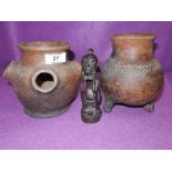 Two ethnic style ceramic pot's with unusual designs and metal Cast African figure of staff top