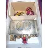 A collection of Royalty Medals and Ribbons in 1935 Silver Jubilee, tin, plus military buttons and