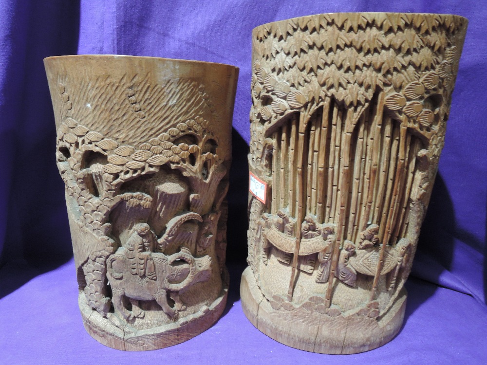 Two bamboo hand carved Chinese export brush pots 9inch high