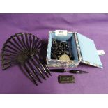 A small selection of black mourning jewellery including large hair comb, Dott brooch (AF) string