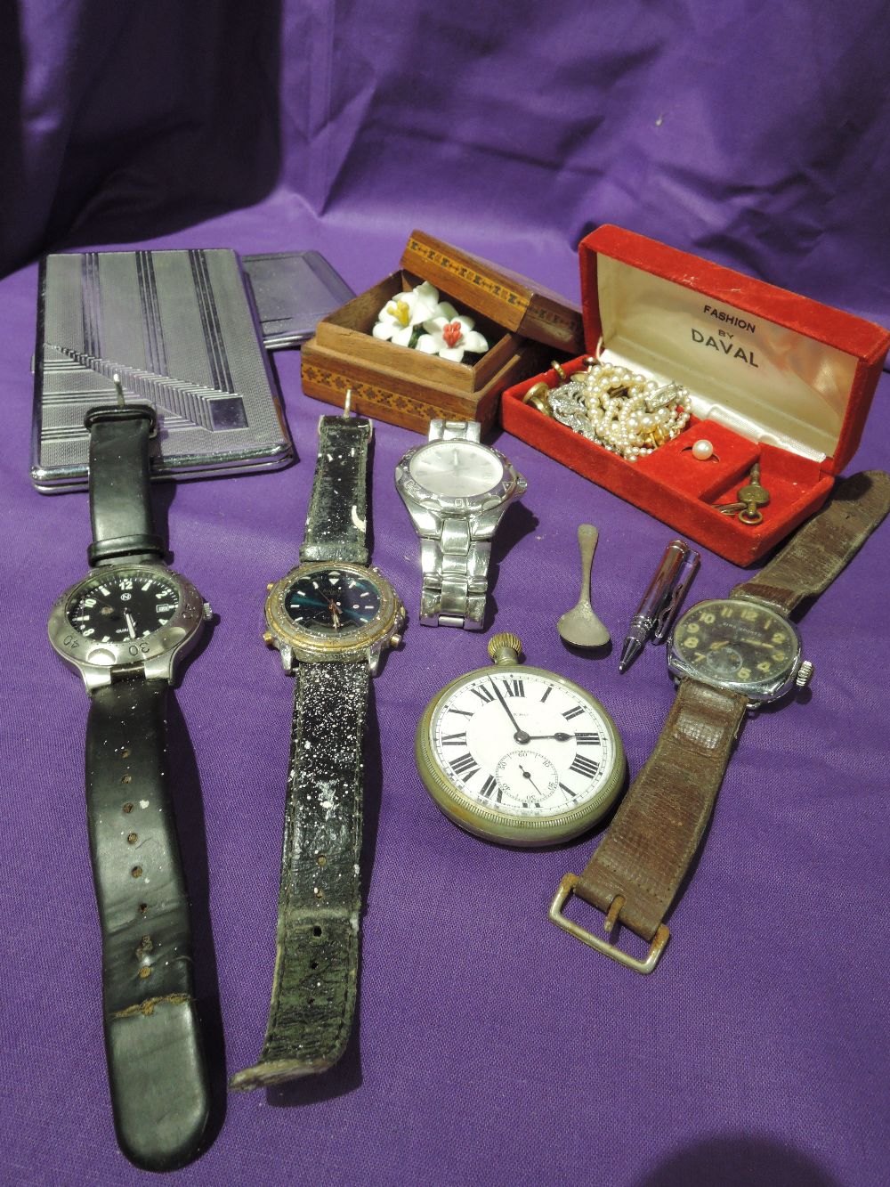 A sm,all selection of gents wrist watches including Siro sports, two cigarette cases, a pocket watch
