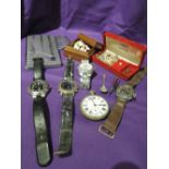 A sm,all selection of gents wrist watches including Siro sports, two cigarette cases, a pocket watch