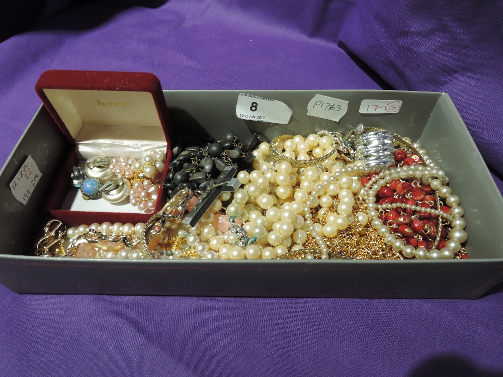 A selection of costume jewellery including simulated pearls, rosary beads, earrings etc