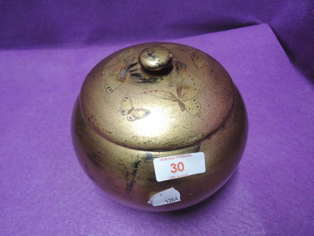 A Japan lacquer hand decorated with moth and butterfly lidded container or tea caddy