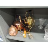 A selection of metal wares including Swan Kettle and spirit burner