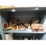 A selection of treen wooden items and woven basket