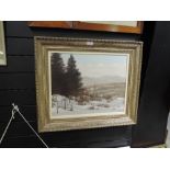 An original oil on board of pine forrest in snow by R Davies