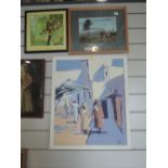 A selection of original artworks including Egyptian camp and abstract middle eastern street