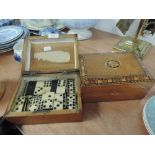 A selection of bone inlay dominoes and wooden trinket cases