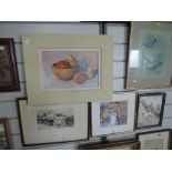 A selection of original artworks and prints including still life oil on board