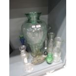 A selection of glass wares including large aqua blue floor standing