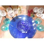 A selection of colour glass wares including Harlequin wine glasses