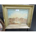 A watercolour, riverside town, 19th century, 7in x 9in