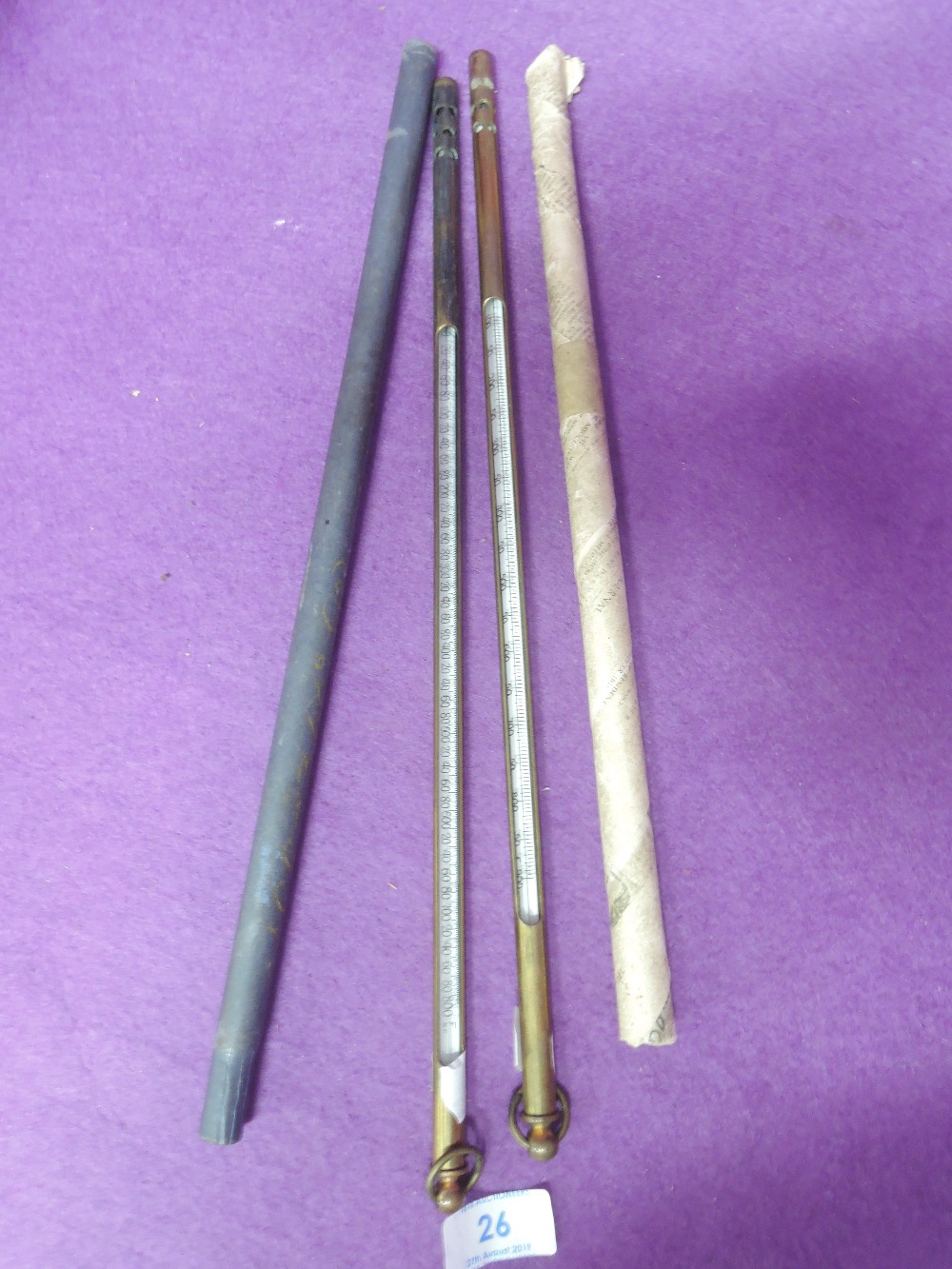 Two brass coated thermometers with boxes