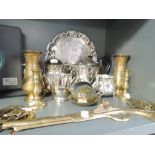 A selection of brass and plated ware