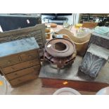 A selection of treen wooden items including chest of drawers and pipe rack