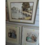 Two framed period prints and an original watercolour Catching Tiddlers by L Crabtree
