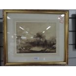 A watercolour, sepia, attributed to George Robertson, farmstead, cattle and pond, attributed