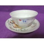 A Japanese tea bowl and saucer having bird and foliage decoration with red, six character marks to
