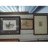 Two prints, two scetches and a framed photograph including 'first Prize Blue Game Cocks'