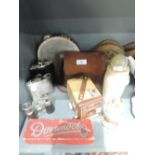 A miscellaneous selection including a Brownie Flash B camera, opera glasses, bellows, hip flasks,