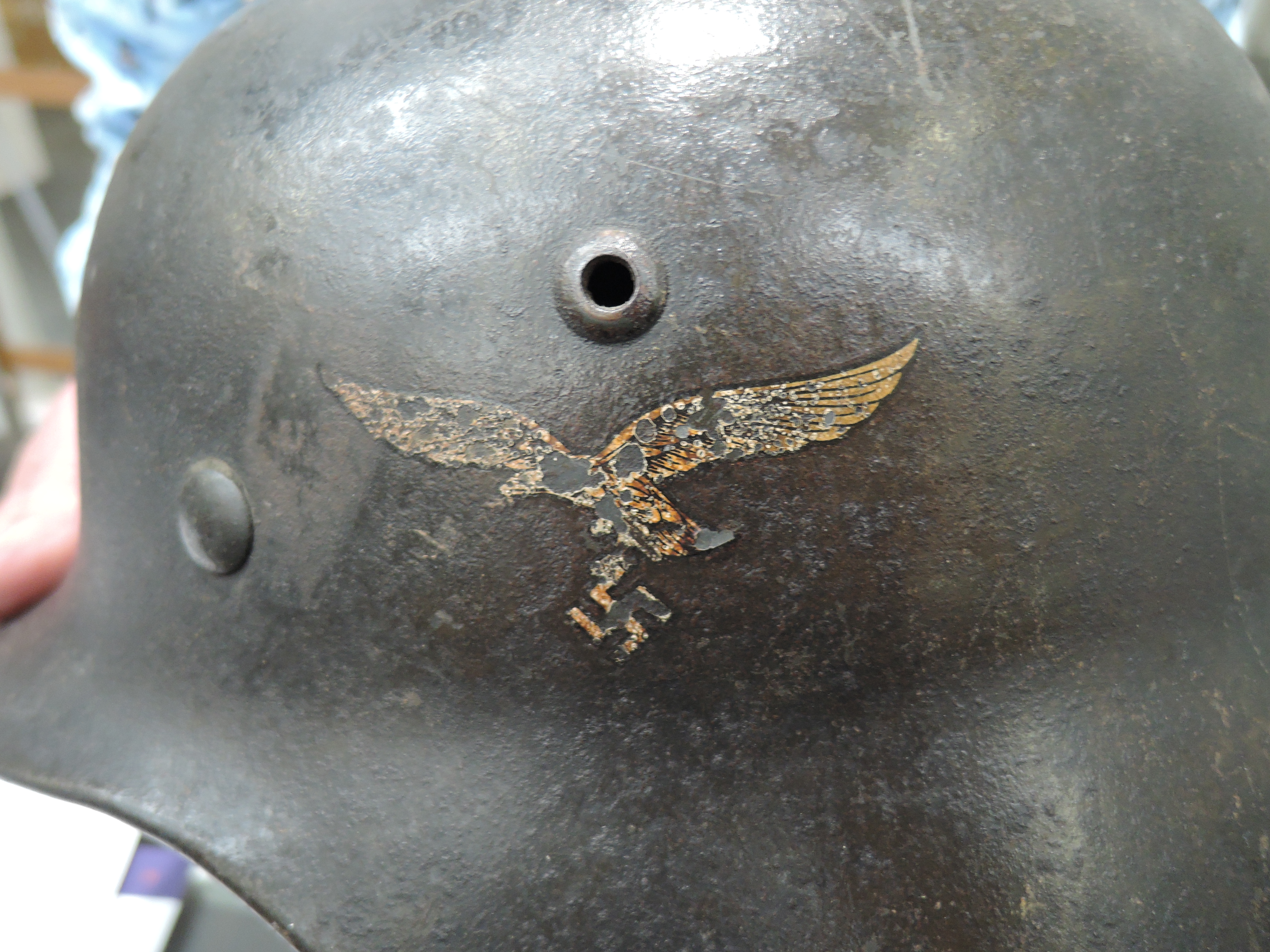 A World War II German Luftwaffe helmet with Luftwaffe Eagle and National Colours Shield decals on - Image 2 of 5