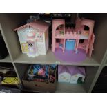 Two shelves of 1980's Hasbro My Little Pony and accessories including Show Stable, Grooming Parlour,