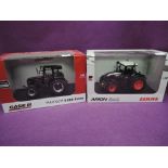 Two Universal Hobbies 1:32 scale diecast tractors, Claas Arion 640, Rickerby Show 2011 and Case