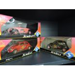 Three Solido Custom 1:18 scale diecast Beetle cars having reference numbers 8302, 8304 & 8306, all