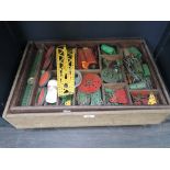 Two wooden drawers of mixed vintage Meccano including brass cogs, pulleys, wheels etc