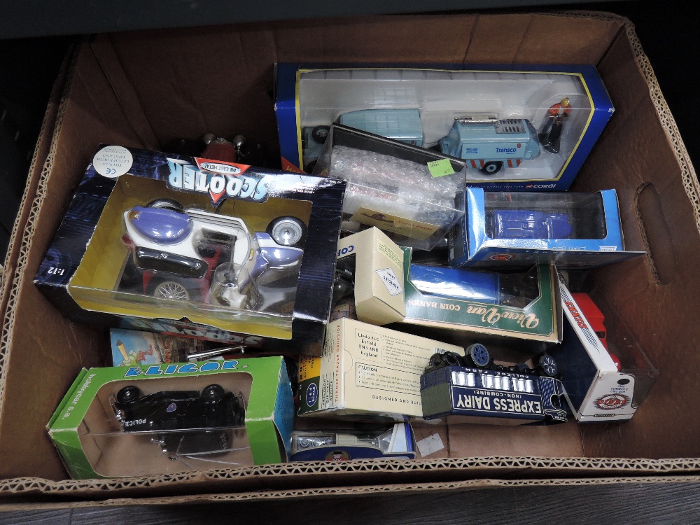 A box of mixed vintage diecasts including Corgi, Dinky, Tonka etc, most boxed