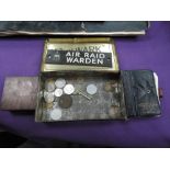 A Peter Dawson Distillers playing cards, ARP Air Raid Warden, metal sign, coins, in a Bulwark