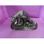 A cast iron study, Gun Dog with Three Pups and feed bowl, having been black leaded