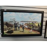 A modern (2010) oil painting , Gilly Walton, Robert Stephenson and Rocket at Port Carlisle,