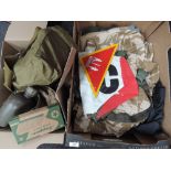 Two boxes of military equipment including bottles, bags, camouflage, gas mask etc