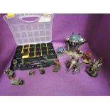 A box and a selection of Games Workshop plastic Warhammer figures and accessories, most painted