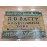 A tinplate advertising sign for Electrical installation York Henley Cable