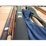 A selection of fishing rods including Scottie 30-50