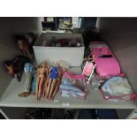 A shelf of Mattel (china) and similar Barbie dolls, horses, accessories and clothing
