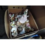 A box of decorative figurines and studies including Royal Doulton Best Wishes HN3971, Coalport