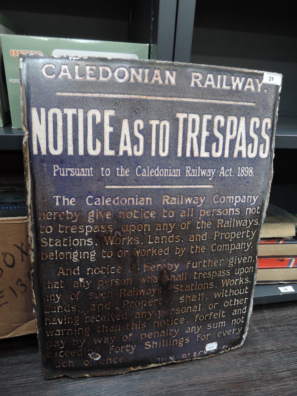 An Enamel sign, Caledonian Railway Notice As To Trespass, purple ground with white lettering