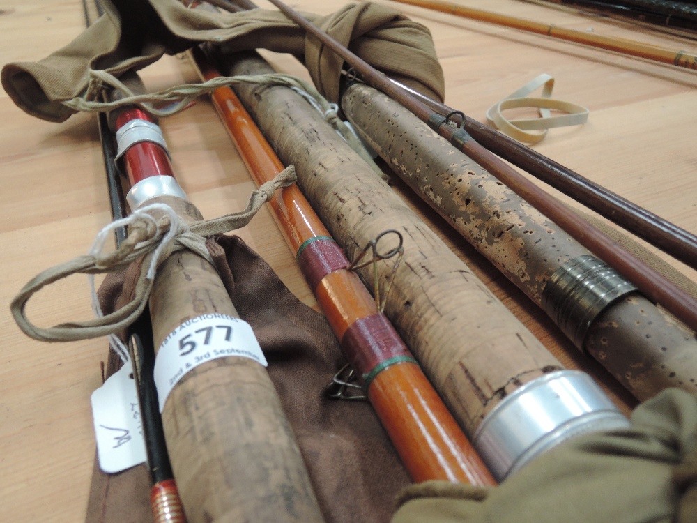 A selection of fishing rods including Rudge or Redditch