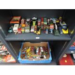 Two shelves of mixed playworn diecasts including Dinky, Corgi, Matchbox etc