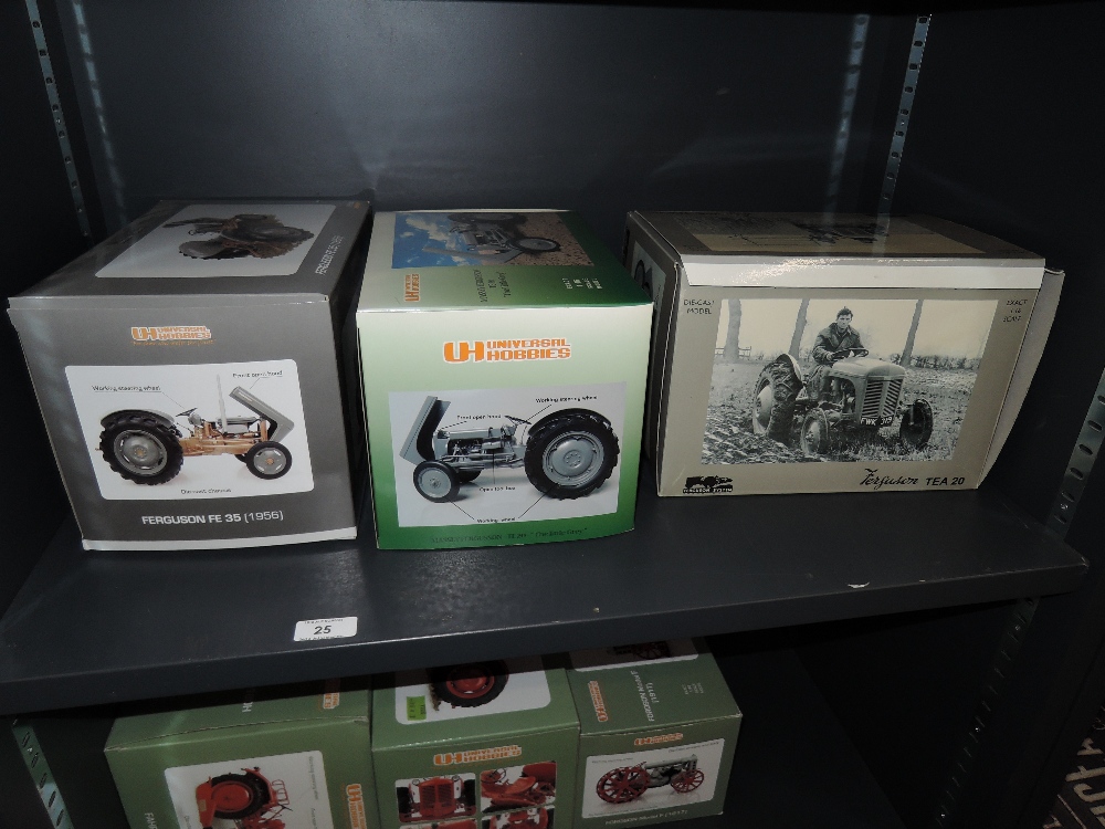 Three Universal Hobbies 1:16 scale diecast tractors, 1956 Ferguson FE35, Massey Ferguson TE20 and