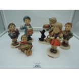 Six Hummel figures, School Girl, Postman, Home Form Market, Boy with Pumpkin and Dog etc