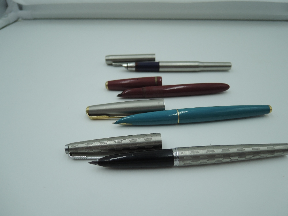 Four Parker fountain pens, a Parker Lady, a Prker 61, Parker 45 Harlequin Shield, and a modern