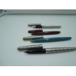 Four Parker fountain pens, a Parker Lady, a Prker 61, Parker 45 Harlequin Shield, and a modern