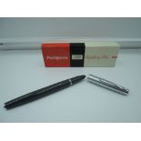 A boxed Platignum 100 fountain pen 1955, Dark Grey Lustraloy cap, medium nib, capillary fill, very